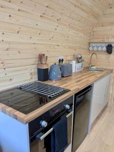 a kitchen with a stove top oven in a cabin at Kestrel Cabin Quiet Woodland Cabin & Nature in Eyam