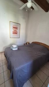 a bedroom with a blue bed with a ceiling fan at Les Cigalines très proche village natu in Cap d'Agde +3 photos