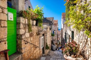 an alley in an old town with green walls at Hvar Villa Maris in Hvar