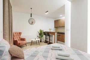 a living room with a bed and a kitchen at Aqua Apartments 1 in Jagodina
