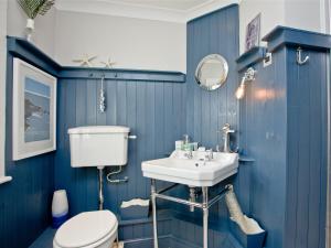 a blue bathroom with a toilet and a sink at Headland Views in Newquay