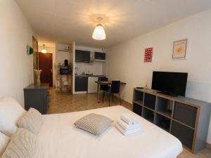 a living room with a white bed and a kitchen at Studio centre-ville avec ascenseur - Le Mistral in Digne-les-Bains +7 photos