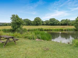 a picnic table sitting next to a pond at Lodge - Uk49989 in Blandford Forum