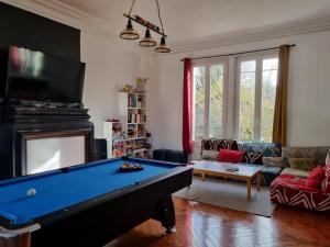 a living room with a pool table and a tv at La Casa des Frangins in Saint-Romain-de-Colbosc