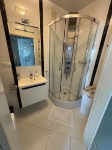 a bathroom with a shower and a sink at STUDIO HETMANSKA H15 ElBląg in Elblag
