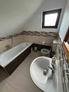 a bathroom with a sink and a tub and a toilet at Cacica Holiday in Cacica +13 photos