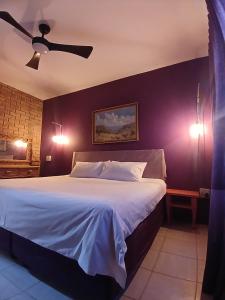 a bedroom with a large bed with a ceiling fan at The Laughing Mermaid in Coffee Bay