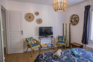 a bedroom with a bed and two chairs and a tv at Clos Sainte Anne avec piscine in Cour-Cheverny