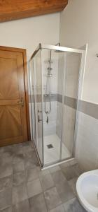 a shower with a glass door in a bathroom at Casa Delia in Piazzano
