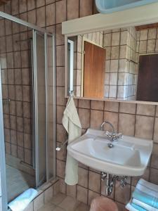 a bathroom with a sink and a shower at Haus Bärnthaler in Faak am See +30 photos