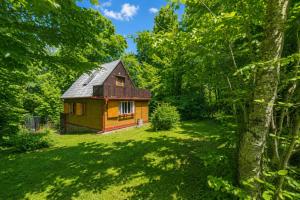 a small house in the middle of a forest at Chatka Kačka in Jedovnice