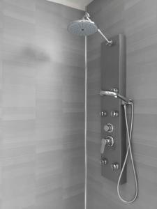 a shower with a shower head in a bathroom at Thrillseeker - Chalet style caravan next to Fantasy Island, Ingoldmells, 2 dogs max - East Coast Holidays in Skegness