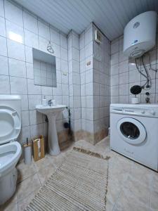 a bathroom with a washing machine and a sink at Queen's Apartment Ohrid in Ohrid