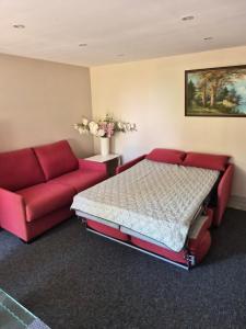 a bedroom with a bed and a red couch at Luxe-Home in Châtenoy-le-Royal