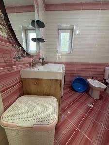 a bathroom with a sink and a toilet at Borsh Beach Apartment in Borsh