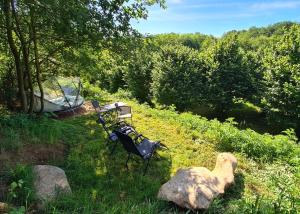 two park benches sitting in the grass next to a tree at La Noisette Basque - Nuits au verger in Saint-Pée-sur-Nivelle