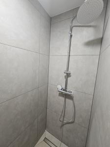 a shower with a shower head in a bathroom at Letnisko nad jeziorem in Skulsk +69 photos