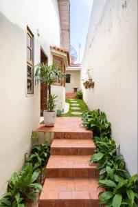 a staircase leading to a house with plants at Casa Aconchego in Itu