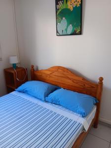 a bedroom with a wooden bed with blue pillows at L'îlot vacances in Saint-Pierre