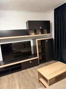a living room with a large flat screen tv at GZP Residece Lugoj 22 in Lugoj