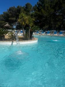 a large pool of blue water with palm trees and chairs at Chalet Cannelle Spa camping Buffalo Hacienda in La Seyne-sur-Mer +14 photos
