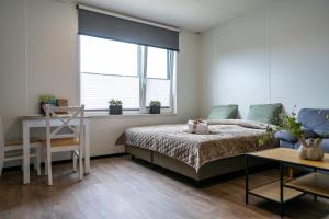 a bedroom with a bed and a desk and a window at Work and Stay in Maasbree