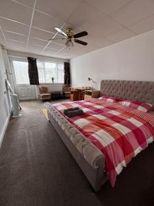 a bedroom with a bed and a ceiling fan at Stylish Studio with SuperKing Bed in Stonewood