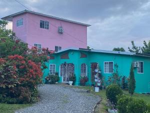 a pink and blue house with a pink at Tim Pappies Nature Lodge - Alex's Place in Port Antonio +27 photos