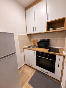 a small kitchen with a sink and a microwave at Bo Apartment in Bečići