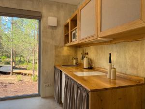 a kitchen with a counter with a sink and a window at Nest Spa Mirror Villas in Medemciems