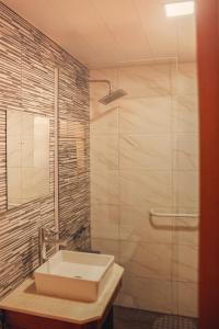 a bathroom with a sink and a shower at Olivos de Monte in San Miguel del Monte