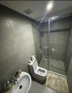 a bathroom with a shower and a toilet and a sink at Appartement Moderne de Standing près de route de casa in Marrakesh +1 photo