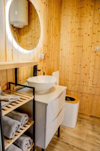 a bathroom with a sink and a mirror at Domček Lazy in Štôla +33 photos