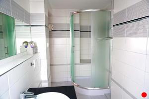 a bathroom with a shower with a toilet and a sink at Rovenská Chalupa in Strážov +22 photos