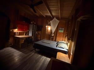 a bedroom with a bed and a desk in a room at Calme et Nature in Saint-Leu