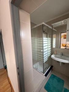 a bathroom with a glass shower and a sink at Guesthouse Mother in Sielach