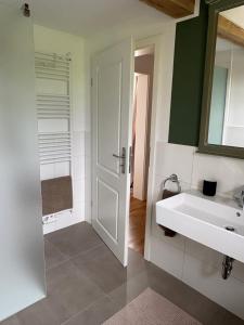 a bathroom with a white sink and a mirror at An der Obstwiese in Untergut