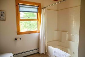 a bathroom with a shower curtain and a window at Peaceful Winnipesaukee Retreat, Walking Trails in Wolfeboro +37 photos