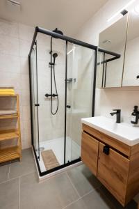 a bathroom with a shower and a sink at Ferienwohnung Tiefengraber in Weiz +27 photos