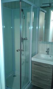 a bathroom with a shower and a sink at Charmant Studio La Toussuire in La Toussuire +8 photos