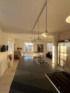 a large kitchen with a sink and a living room at Luxurious, spacious apartment - Nordic Style in Copenhagen