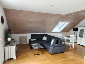 a living room with a couch and a table at Ferienwohnung am Keltenwall in Jestetten +18 photos