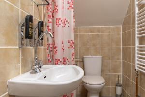 a bathroom with a sink and a toilet and a shower curtain at Horská Chata Sabinka in Malá Morávka