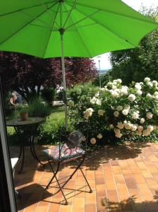 a green umbrella sitting next to a chair under a table at Terassenwohnung in Starzach