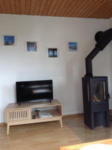 a living room with a black wood stove at Terassenwohnung in Starzach