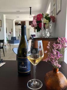 a glass of white wine next to a bottle of wine at Secluded Vineyard Villa With Panoramic Views in Kojsko