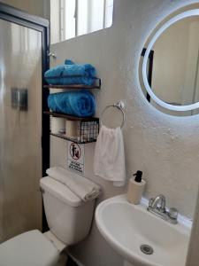a bathroom with a toilet and a sink and a mirror at Tlaxcala Apartment # 5 in Ciudad Obregón