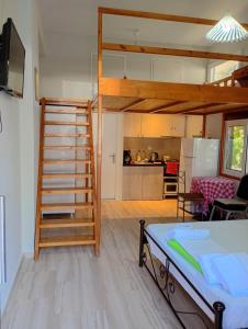 a bedroom with a bunk bed and a kitchen at Lily's Studios in Nikiana