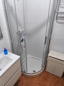 a shower with a glass door in a bathroom at Casa Tia Nieves in Ruiloba +48 photos