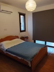 a bedroom with a bed and a chandelier at Millennium falcon in Larnaca